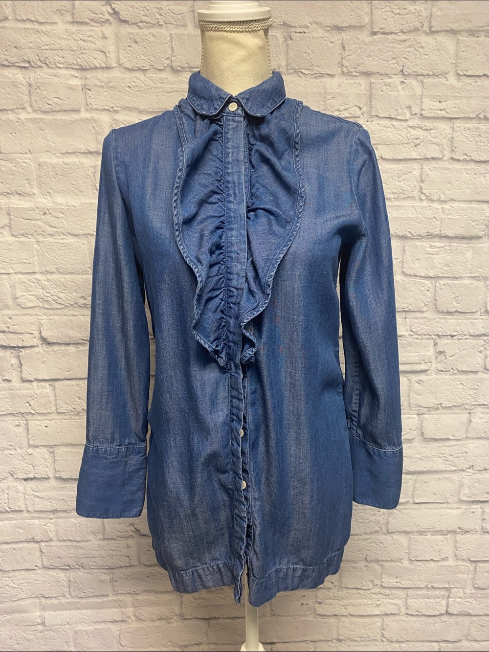 Chico's Ruffle Denim Chambray Tunic Button Down Size Small
